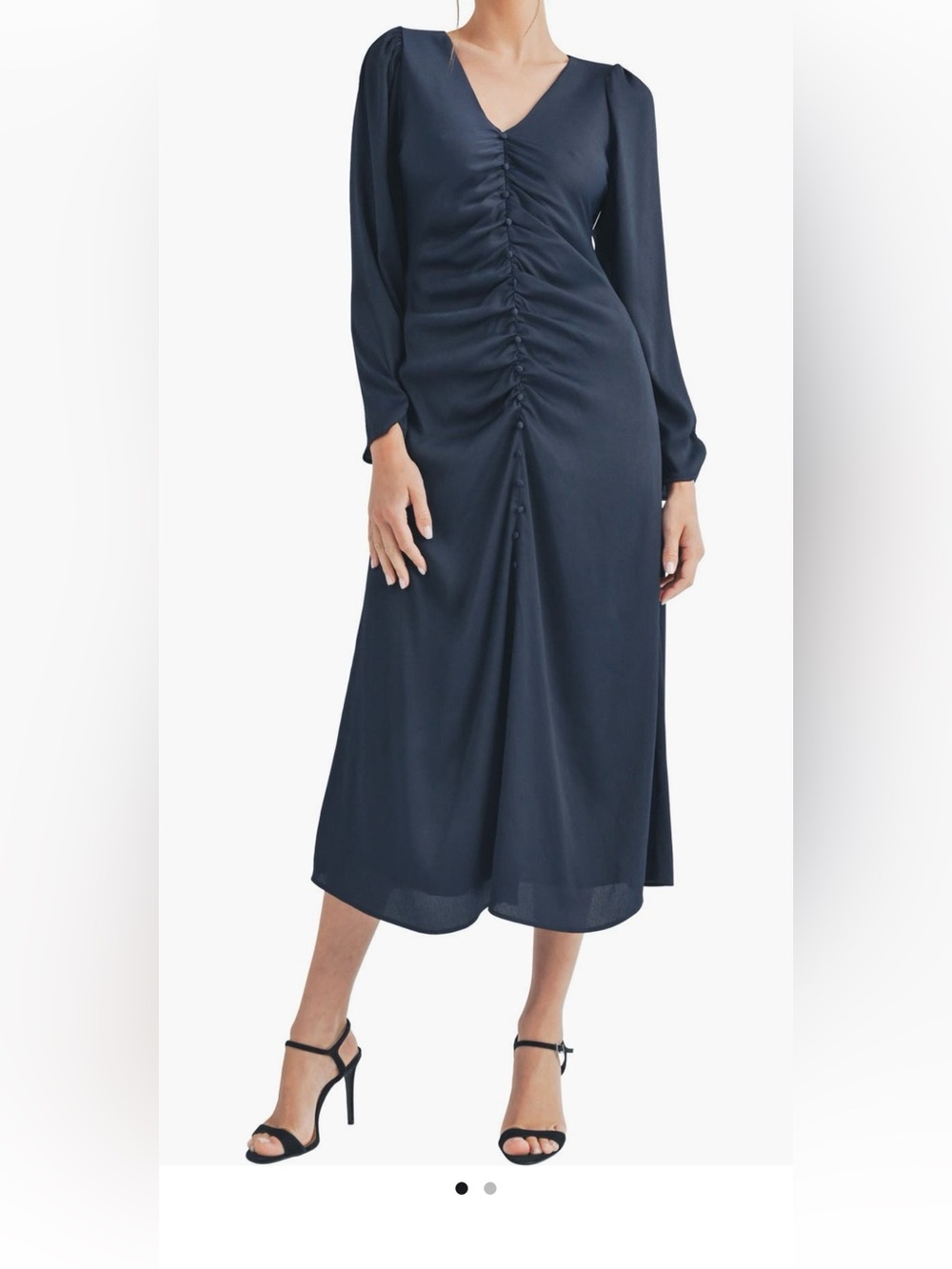 MILA MAE Navy Blue Ruched Front Midi Dress Button Detail Long Sleeve NWT Small